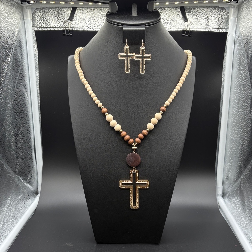 Elegant Beaded Cross Necklace and Earring Set